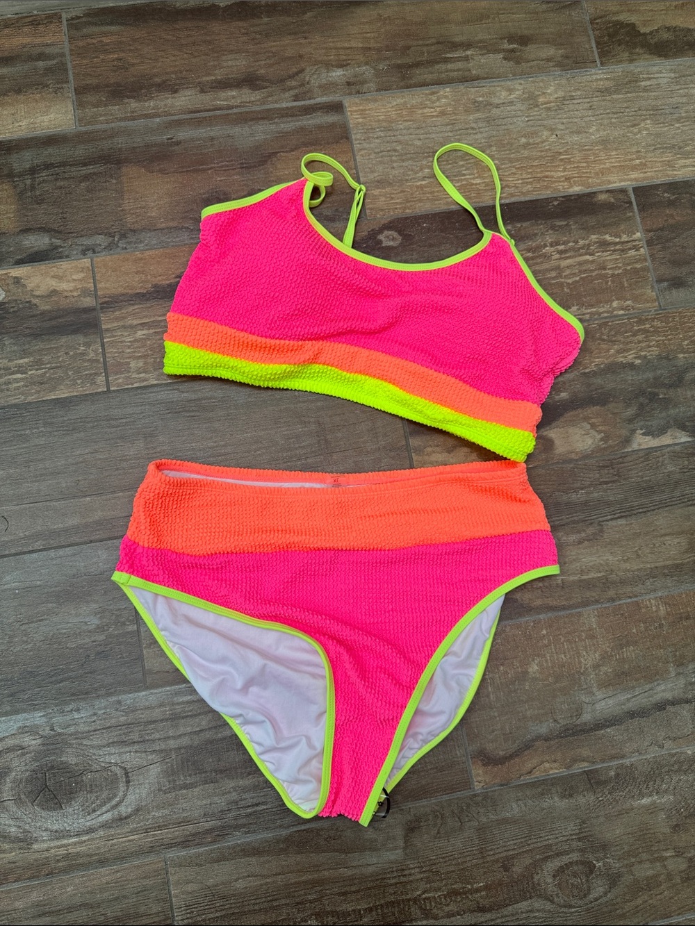 Neon Pink & Orange Two-Piece Bikini Set with Lime Trim
